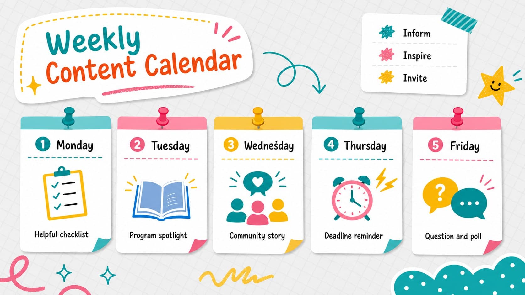 School enrollment social media content calendar with a structured Monday-to-Friday publishing plan.