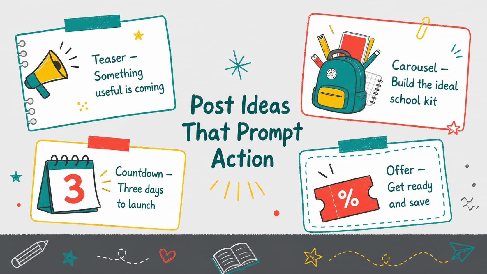 Back to class retail promotion plan featuring teaser, product carousel, countdown, and offer concepts.