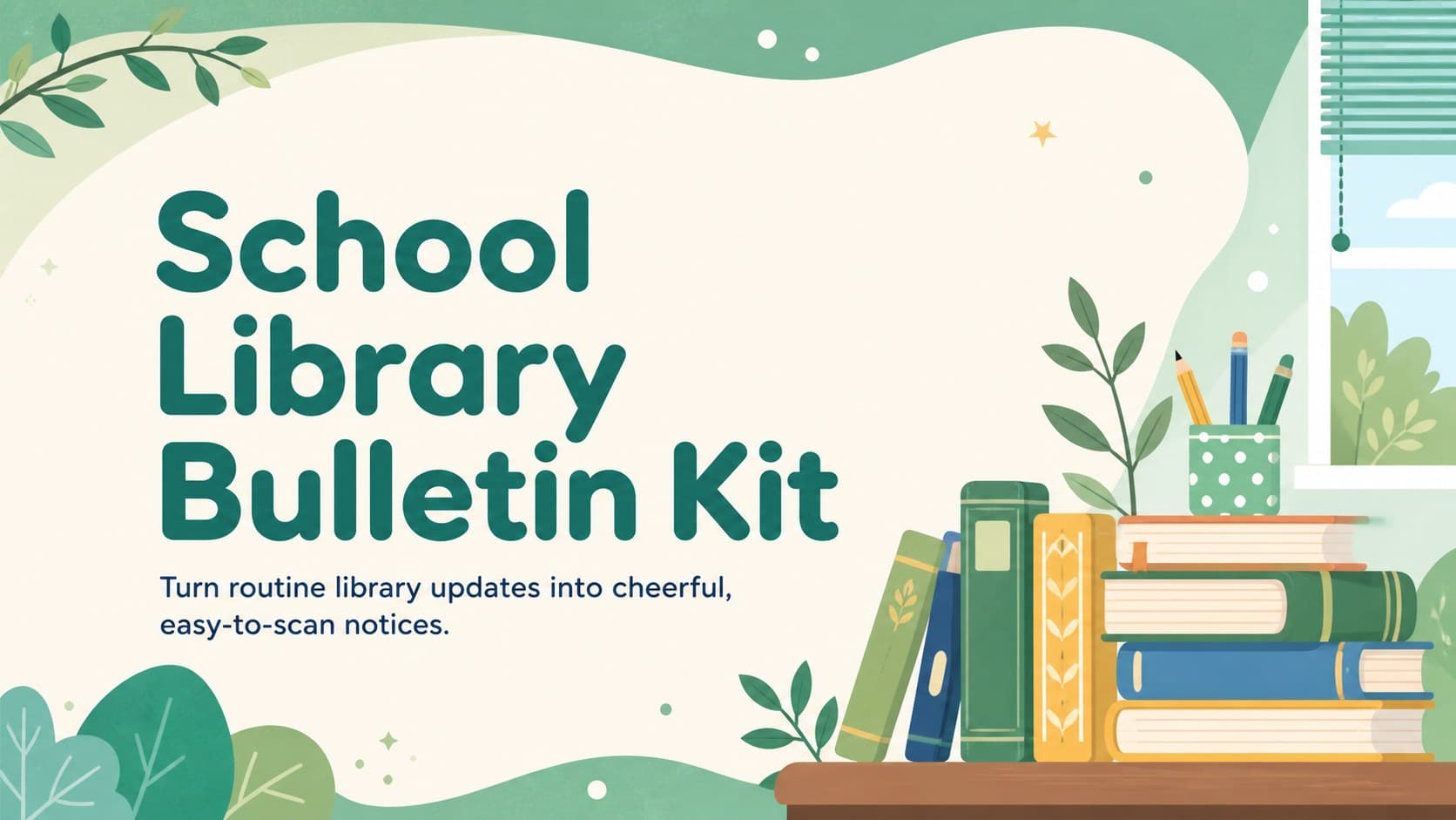 Green illustrated cover for a school library bulletin kit with books, leaves, and cheerful reading-themed graphics.