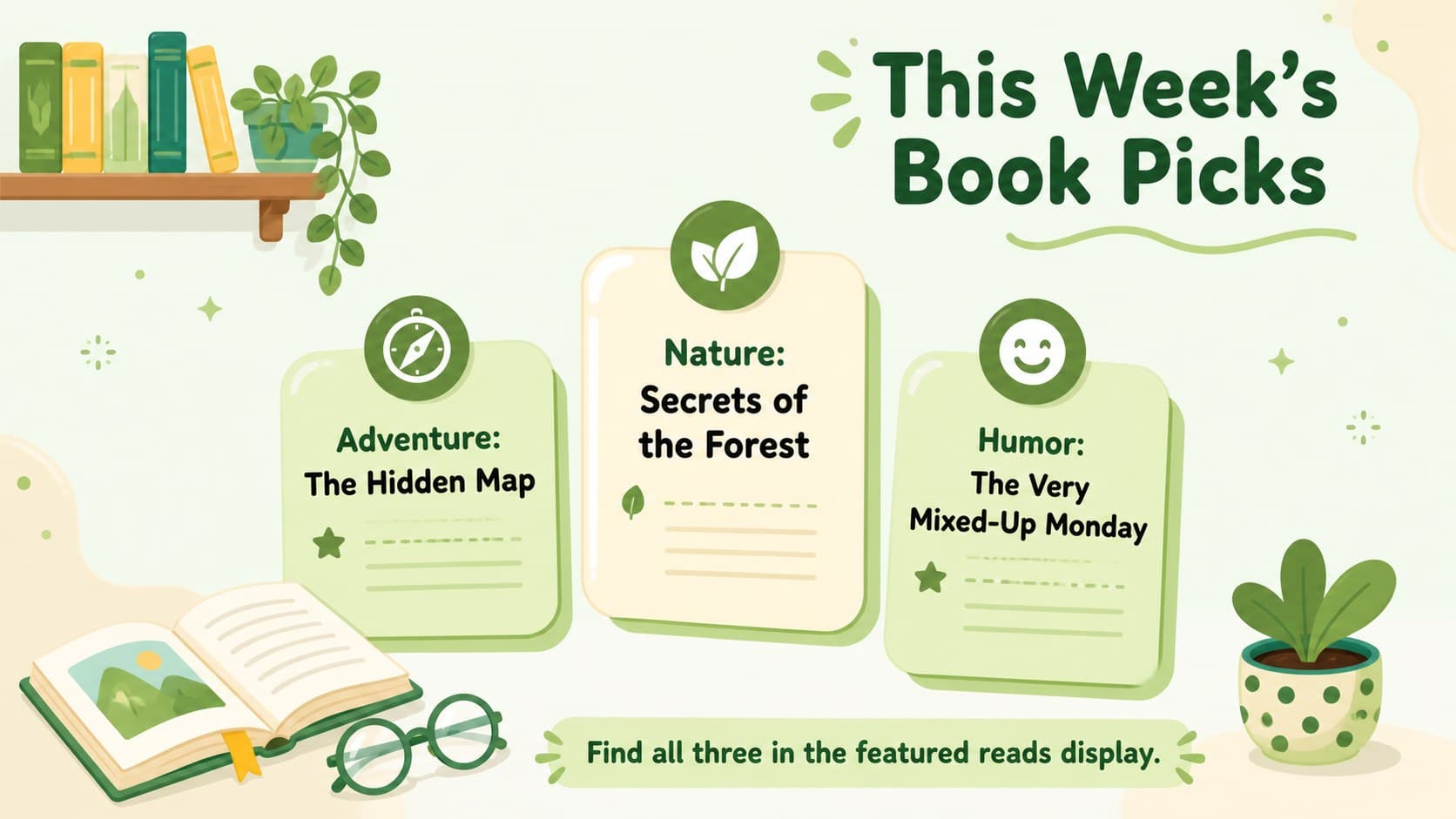 Illustrated library bulletin slide presenting weekly book picks in three green reading categories.