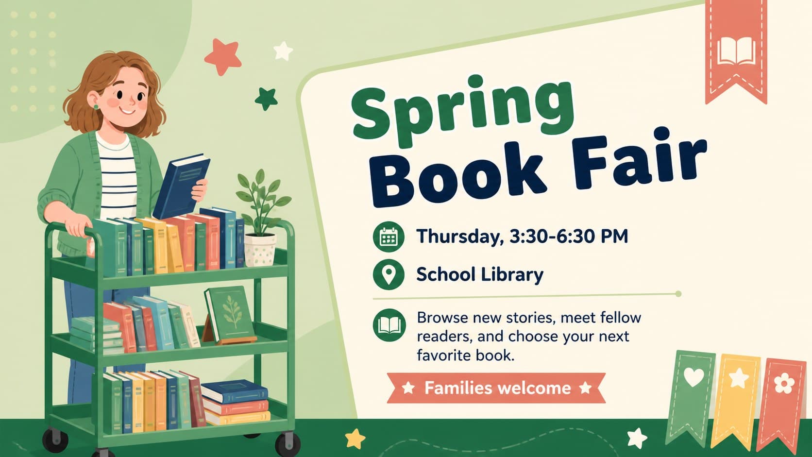 Green illustrated school book fair announcement slide with event date, location, and activity details.