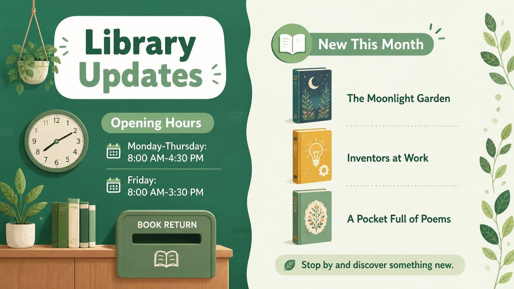 School library bulletin slide combining updated opening hours with a green illustrated new arrivals list.