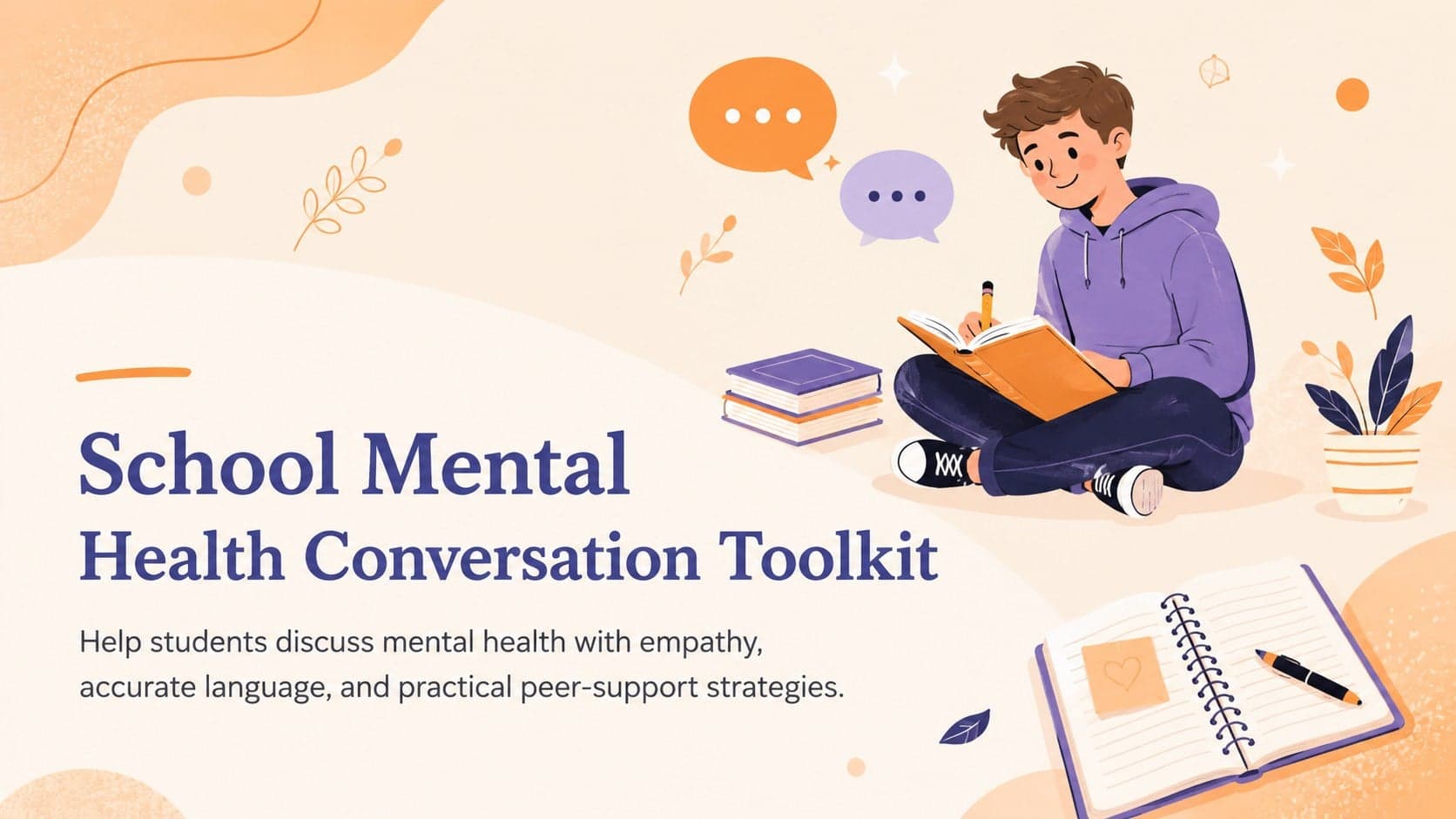 Cover of the School Mental Health Conversation Toolkit with warm beige-orange illustrations for student wellbeing discussions.