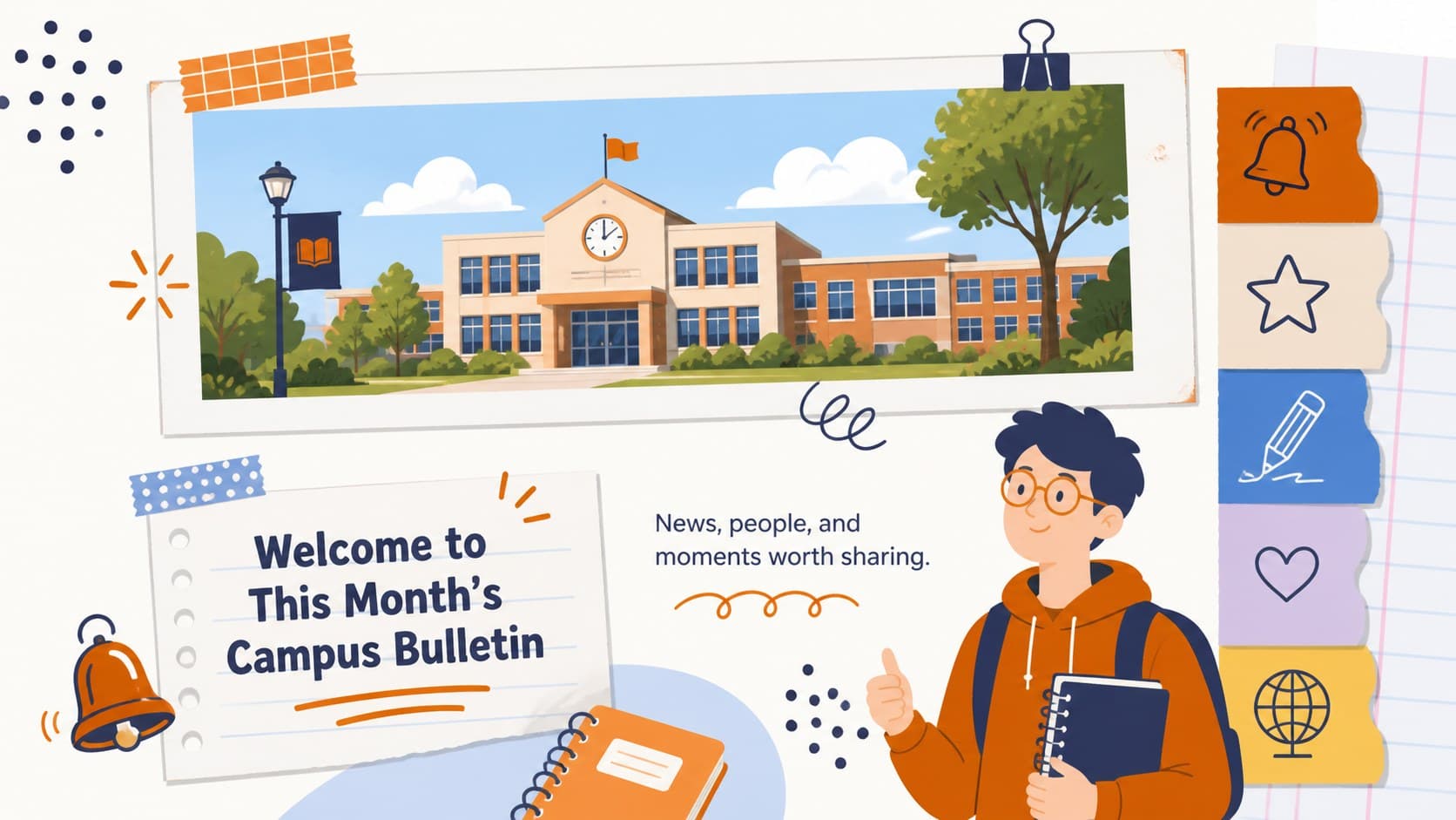 School newsletter introduction slide with a welcome message, framed campus photo area, and colorful paper collage accents.
