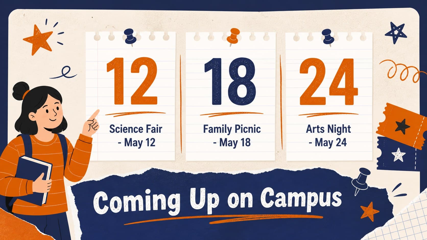 Editable school event announcement slide showing three upcoming dates in colorful calendar-style blocks.