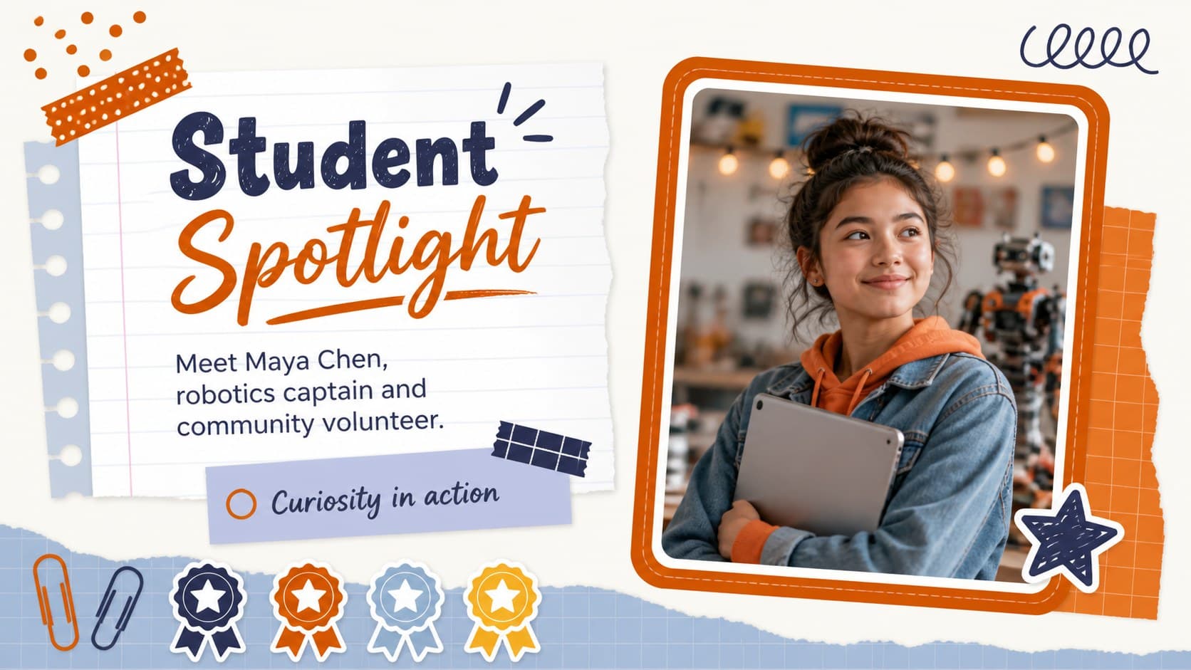 Student spotlight newsletter slide with a large portrait frame, short profile text, and hand-cut paper decorations.