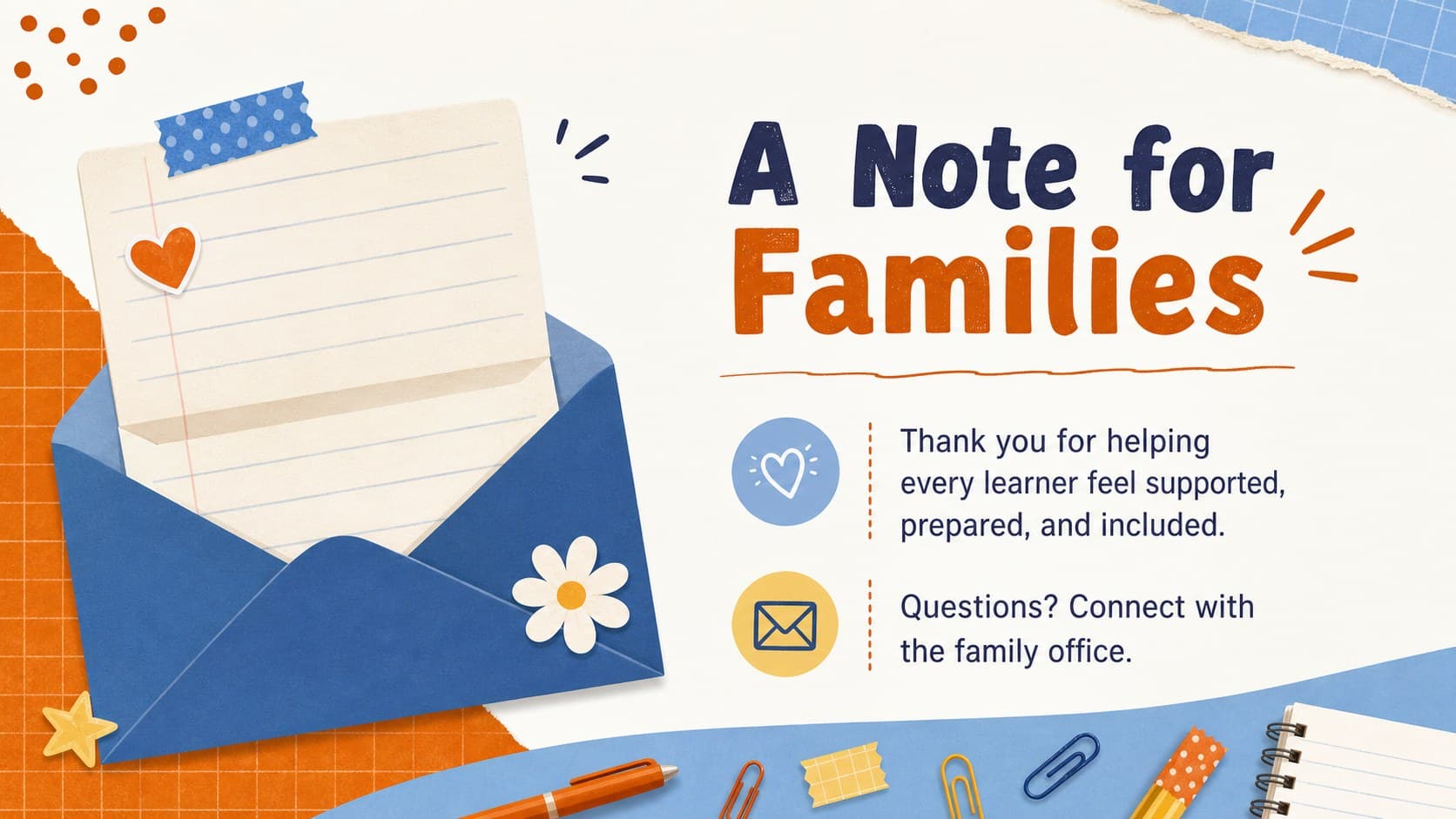 Parent teacher association presentation slide featuring a concise family message, contact details, and colorful stationery graphics.