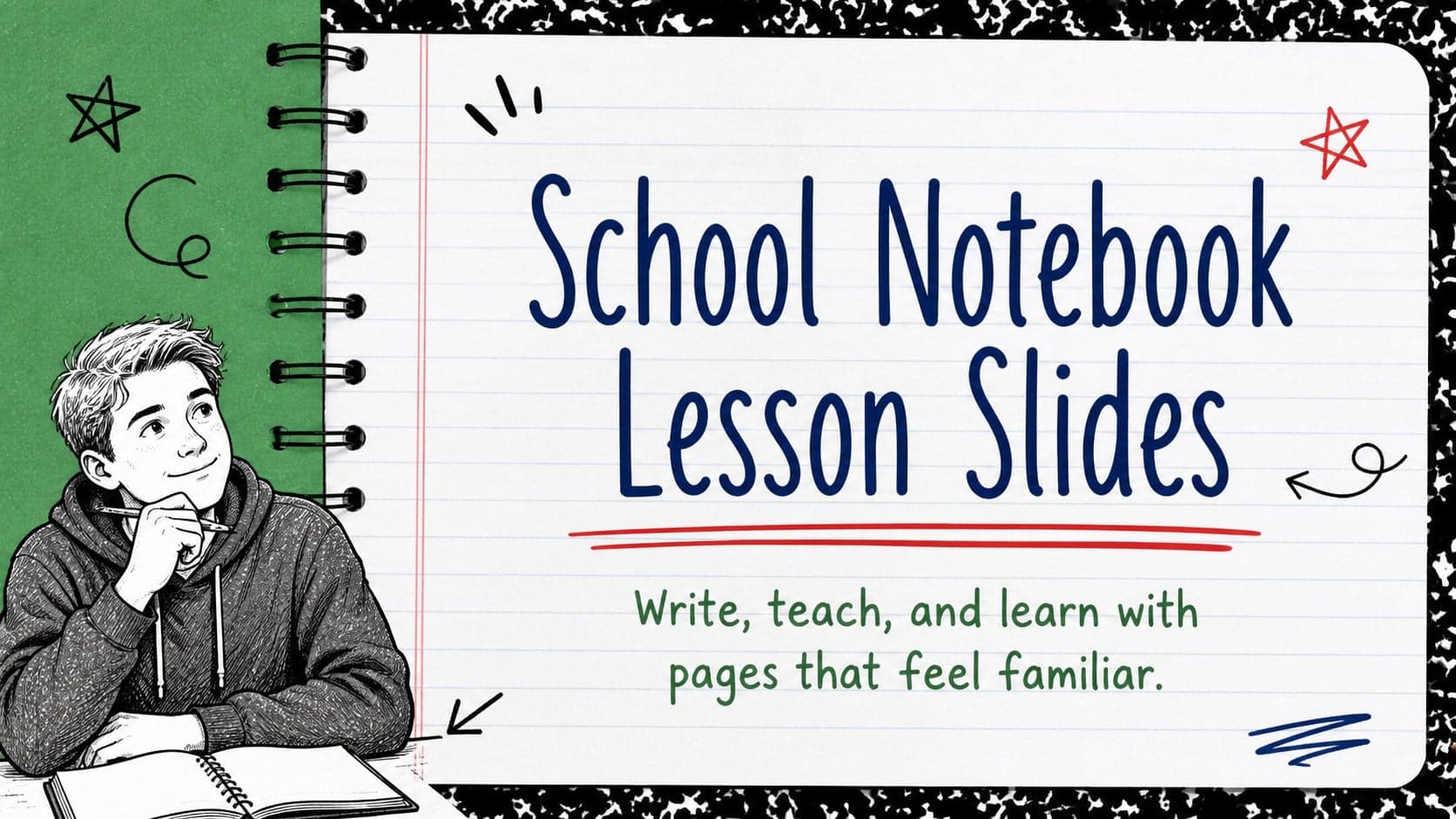 Notebook-inspired cover introducing school notebook lesson slides with a bold ruled-paper title area.