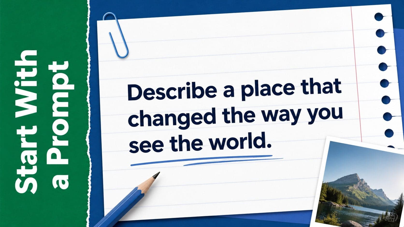 Writing prompt slide with a large ruled page and hand-drawn classroom notes.
