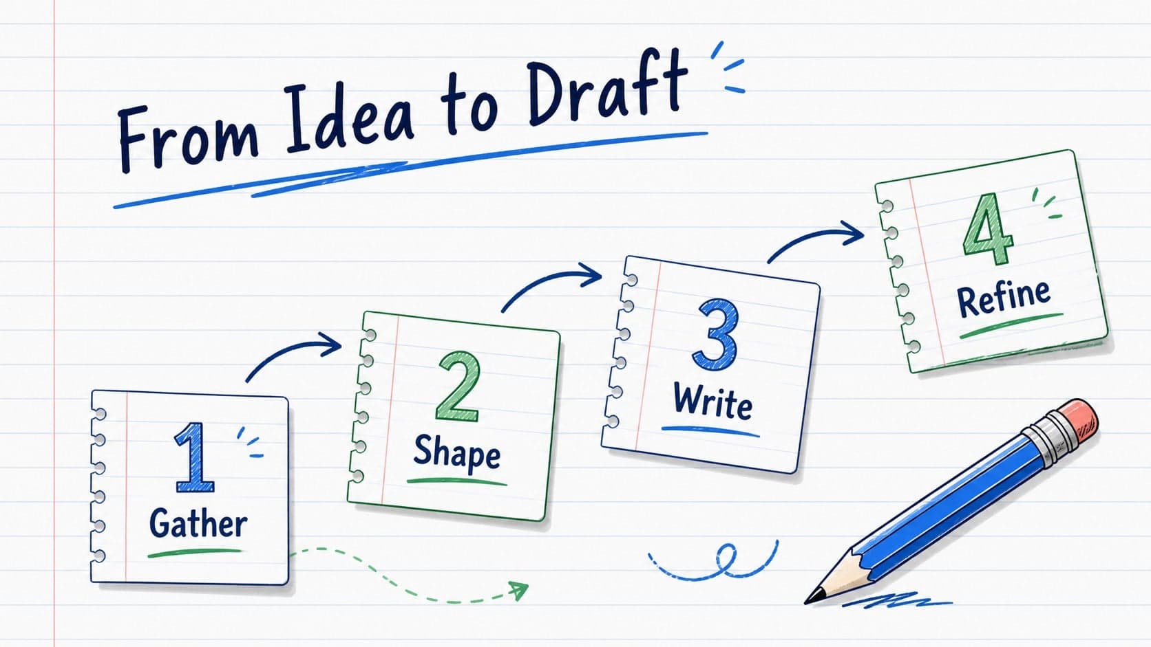 Step-by-step writing process slide arranged like notes across an exercise book page.