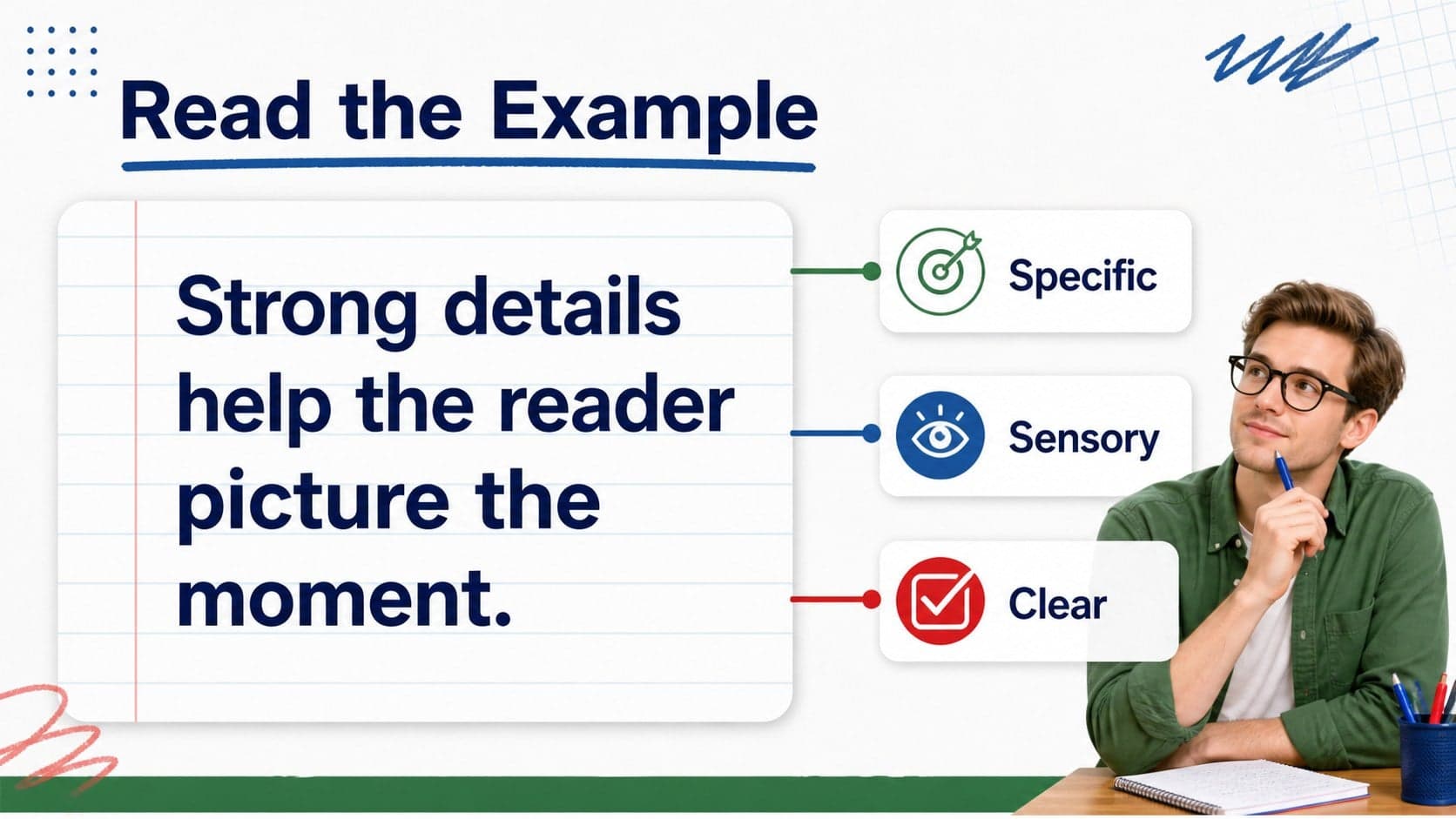 Example analysis slide comparing a model paragraph with handwritten notebook annotations.