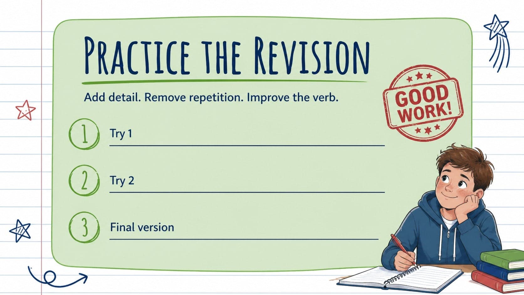 Grammar practice slide showing editable sentence exercises on notebook paper.