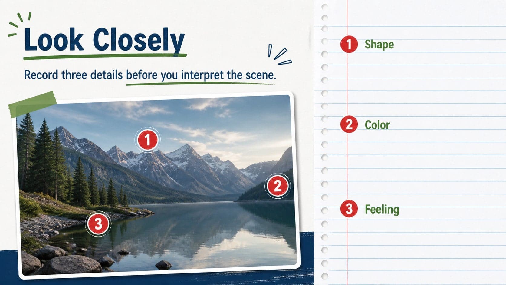 Visual reference slide combining a photo placeholder with notebook-style observation notes.