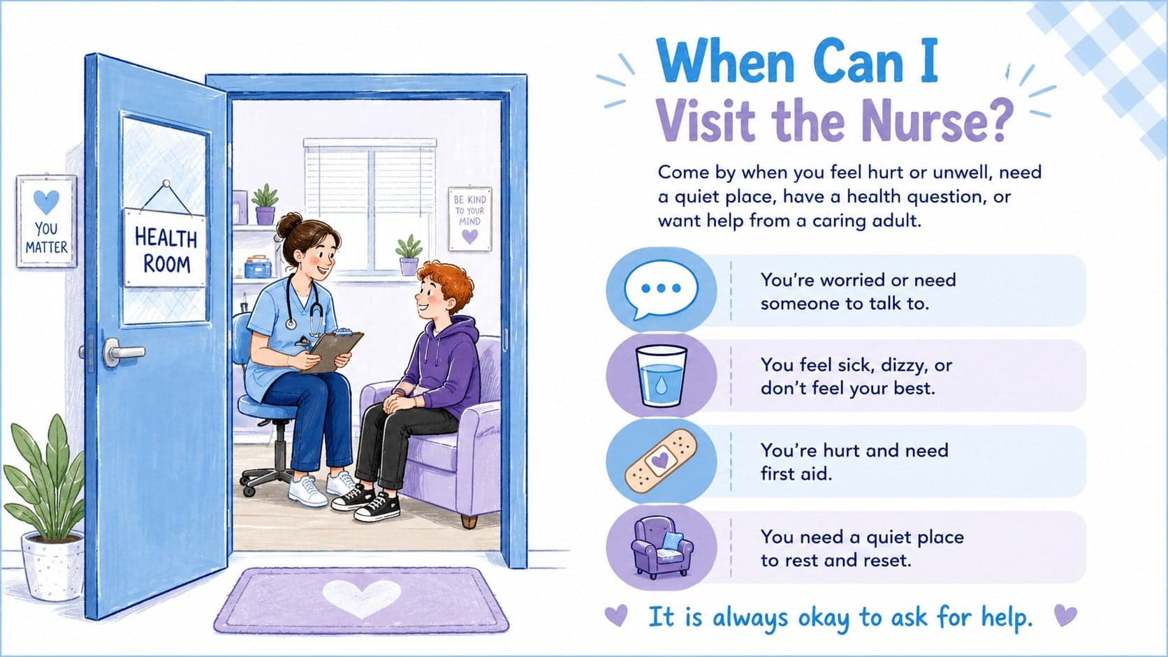 Child-friendly health room guide explaining when students can ask the school nurse for help.