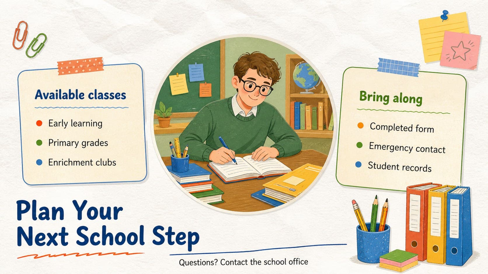 School enrollment information slide with editable class options, required materials, and family contact details.