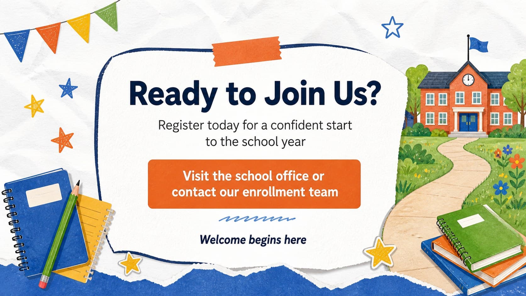 Back to school orientation announcement slide featuring a family-friendly call to action and registration contact area.