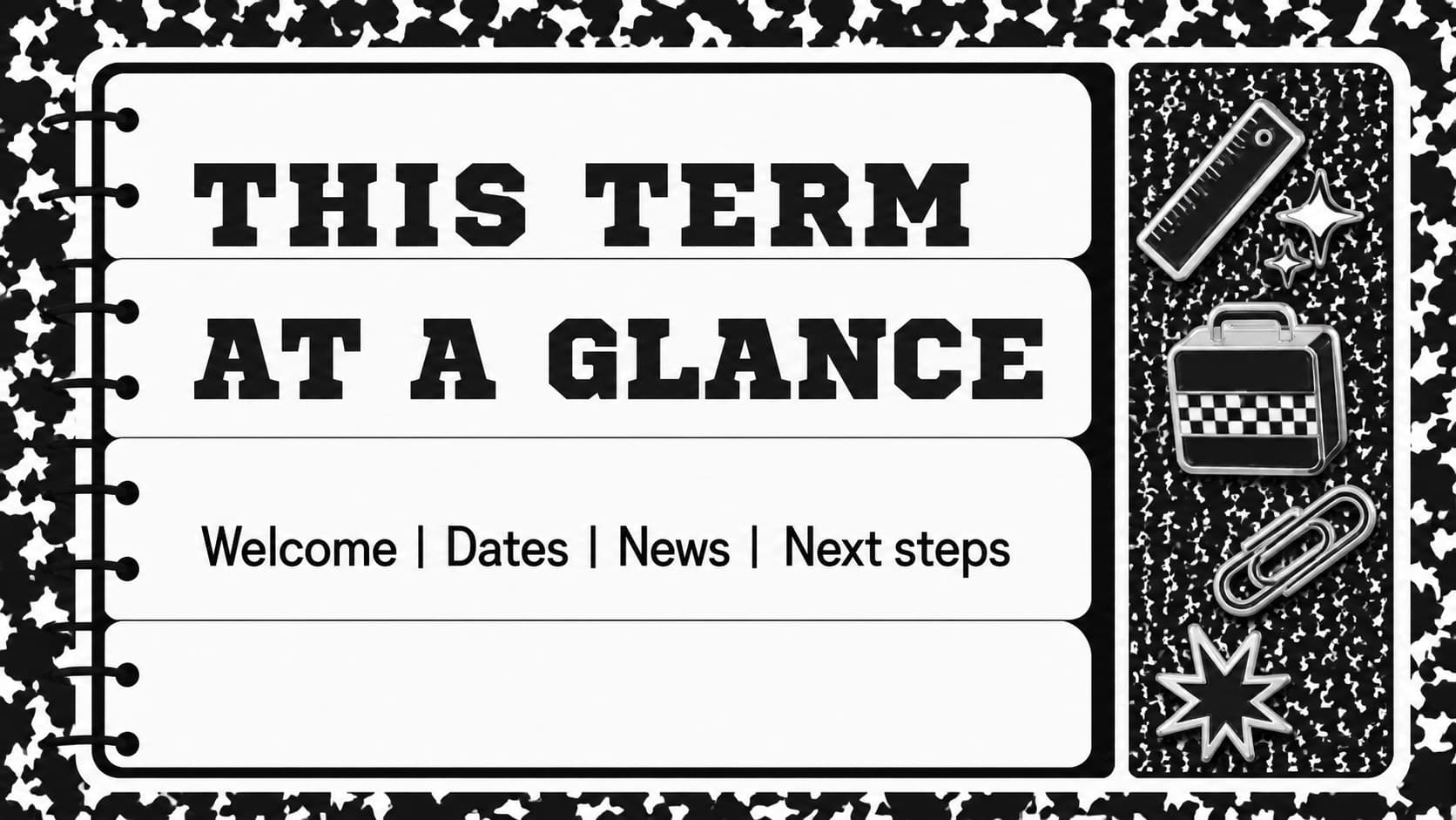 Agenda slide outlining school season bulletin deck sections with monochrome notebook labels and playful classroom icons.
