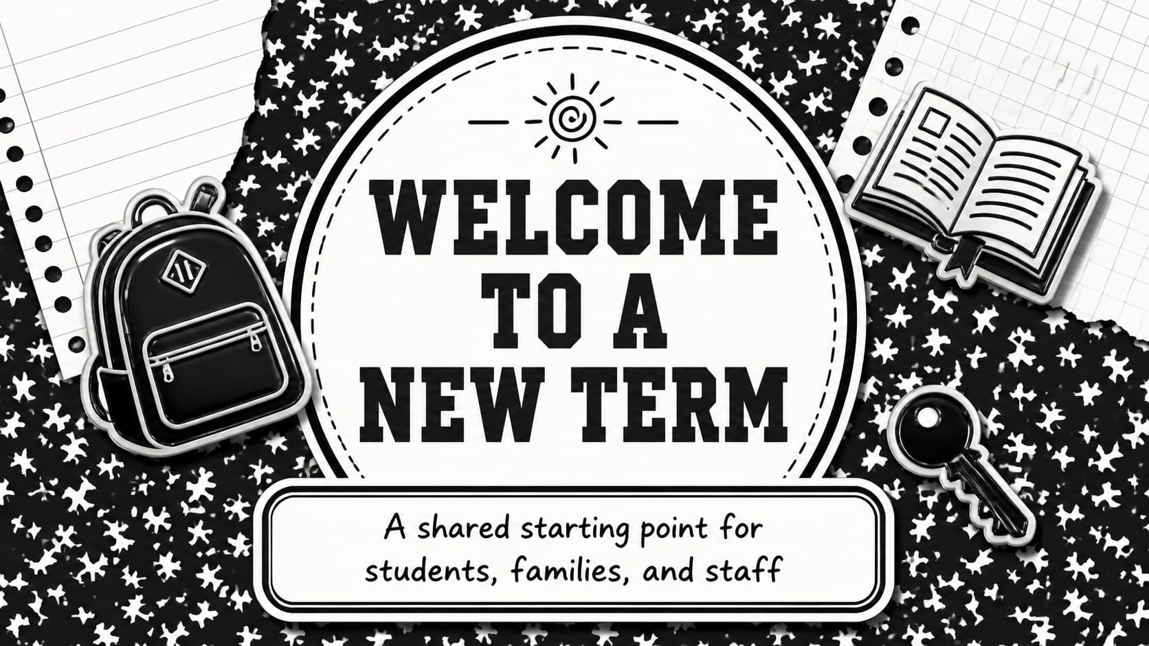 School season bulletin deck welcome slide introducing a new term with a high-contrast retro education layout.