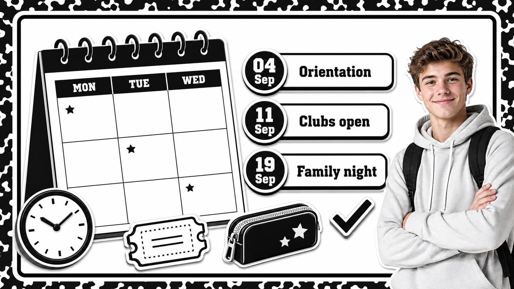 School season bulletin deck calendar slide showing important dates in a clean black and white school-news layout.