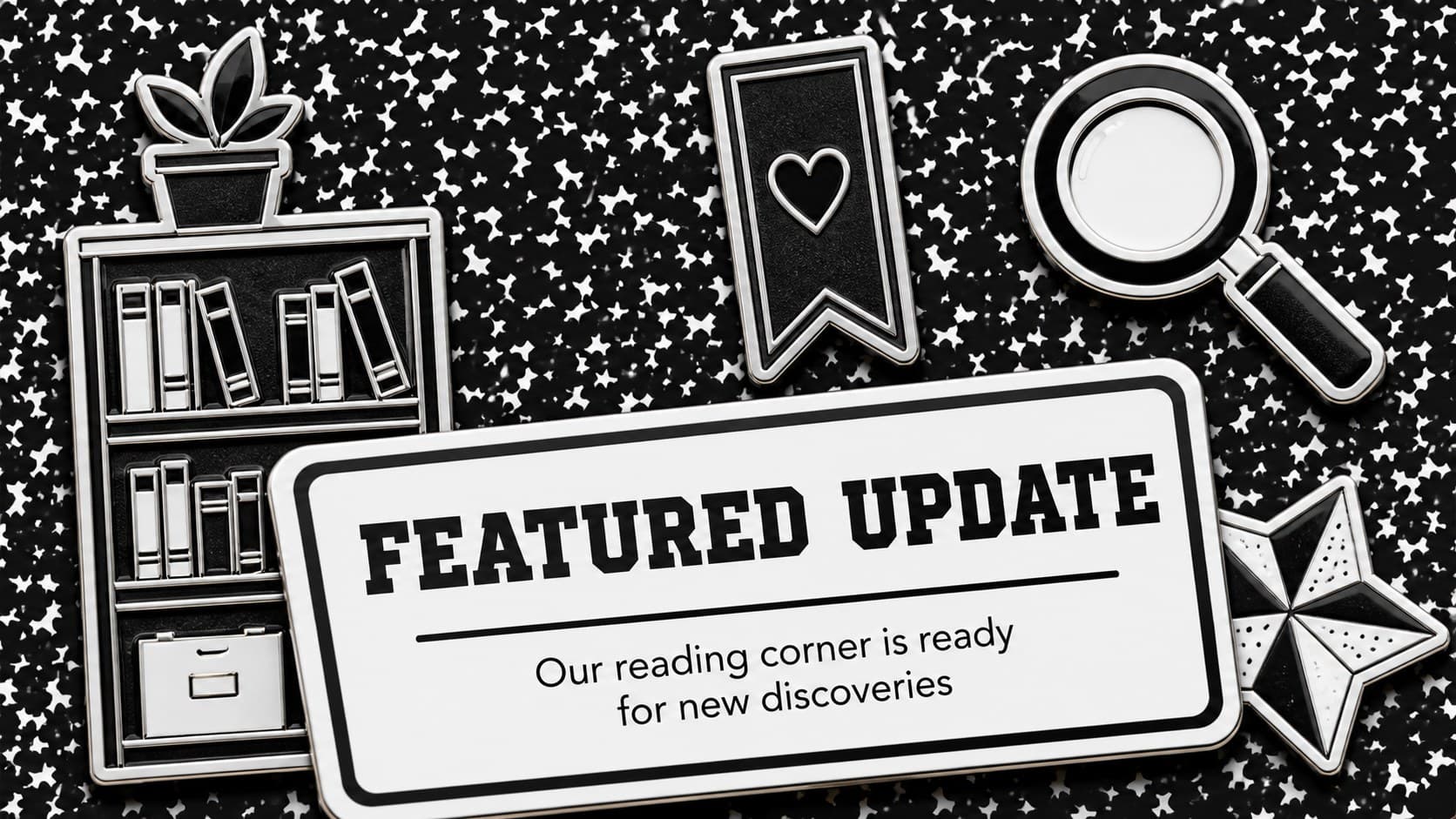School season bulletin deck announcement slide featuring a featured update inside a monochrome enamel-pin composition.