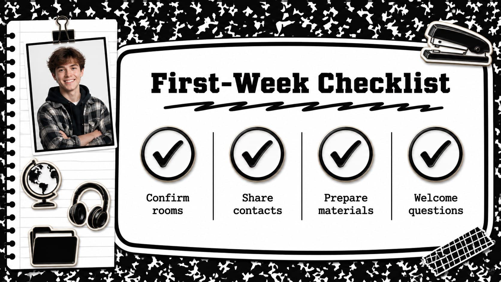 School season bulletin deck checklist slide organizing first-week actions with playful black and white school symbols.
