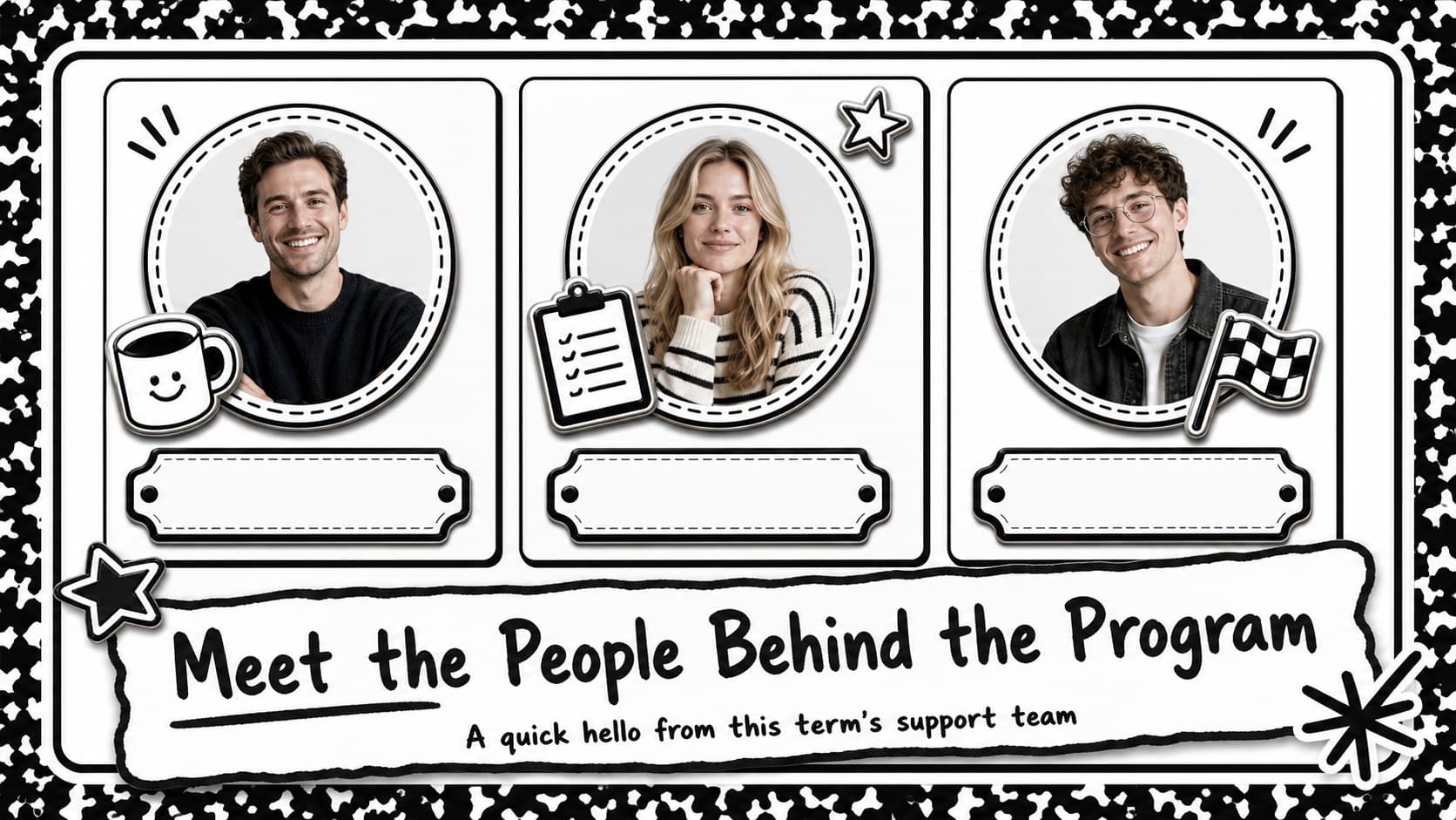 School season bulletin deck staff spotlight slide with a friendly profile layout and monochrome retro education accents.