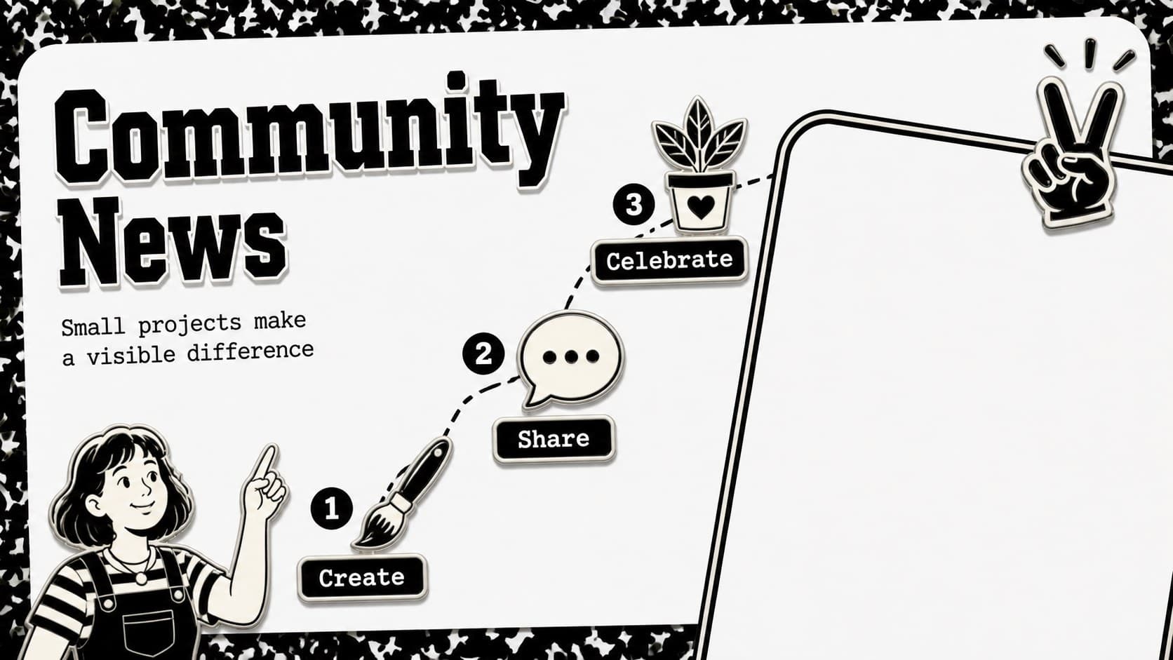 School season bulletin deck community news slide highlighting a shared project in a playful black and white layout.