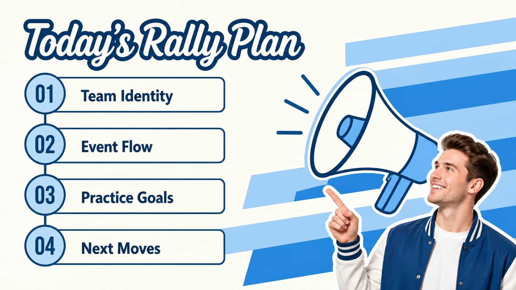 Agenda slide outlining the sections of a blue pep rally presentation.