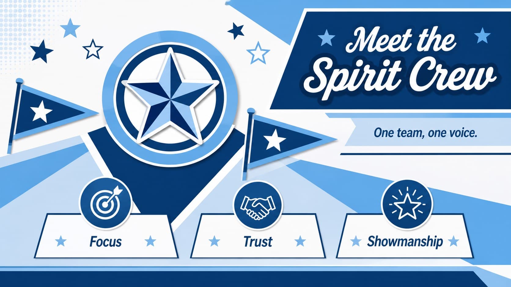 Cheer squad profile slide presenting team identity and school spirit values.