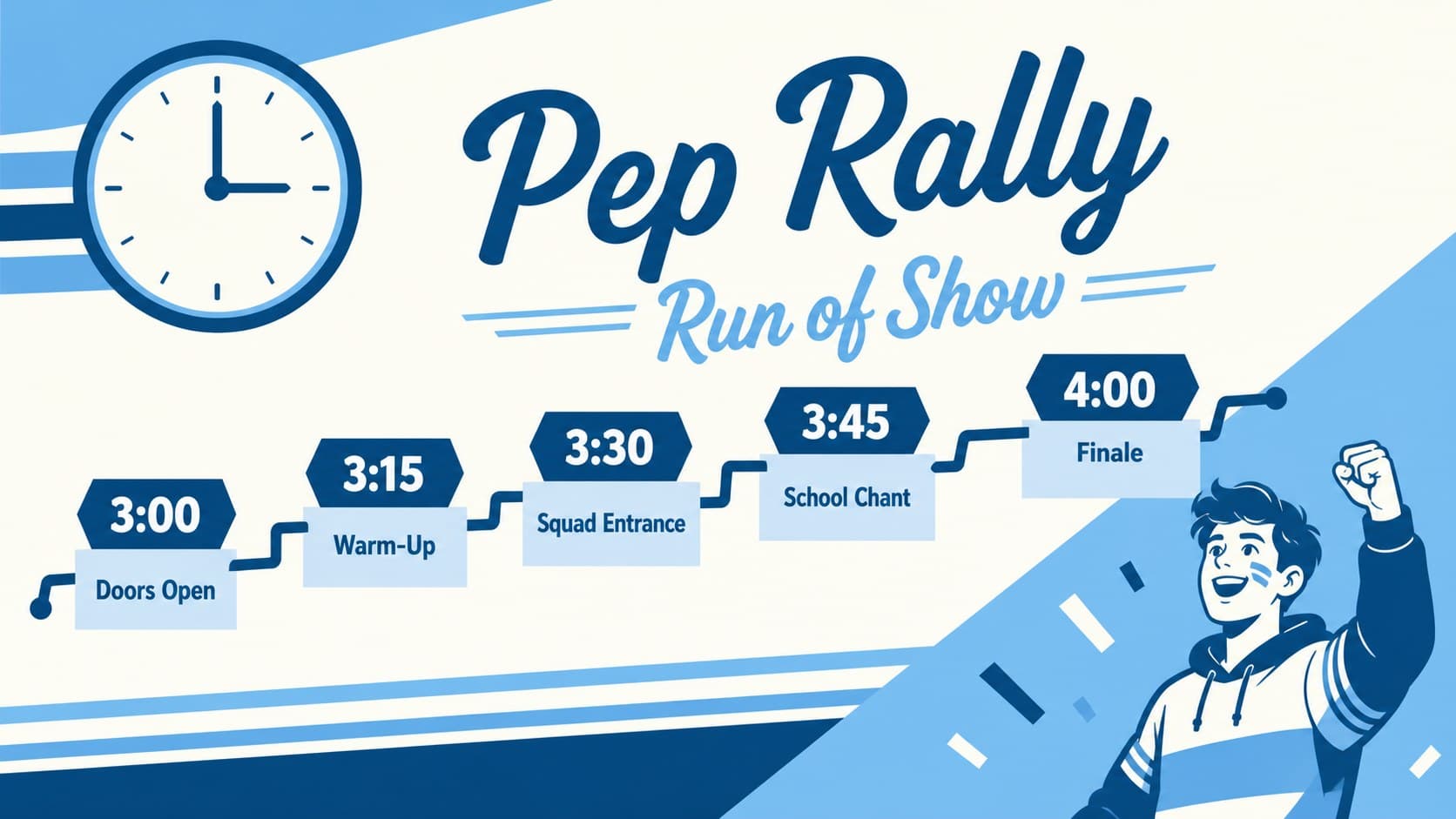 Pep rally schedule slide showing event times in a bold blue timeline layout.