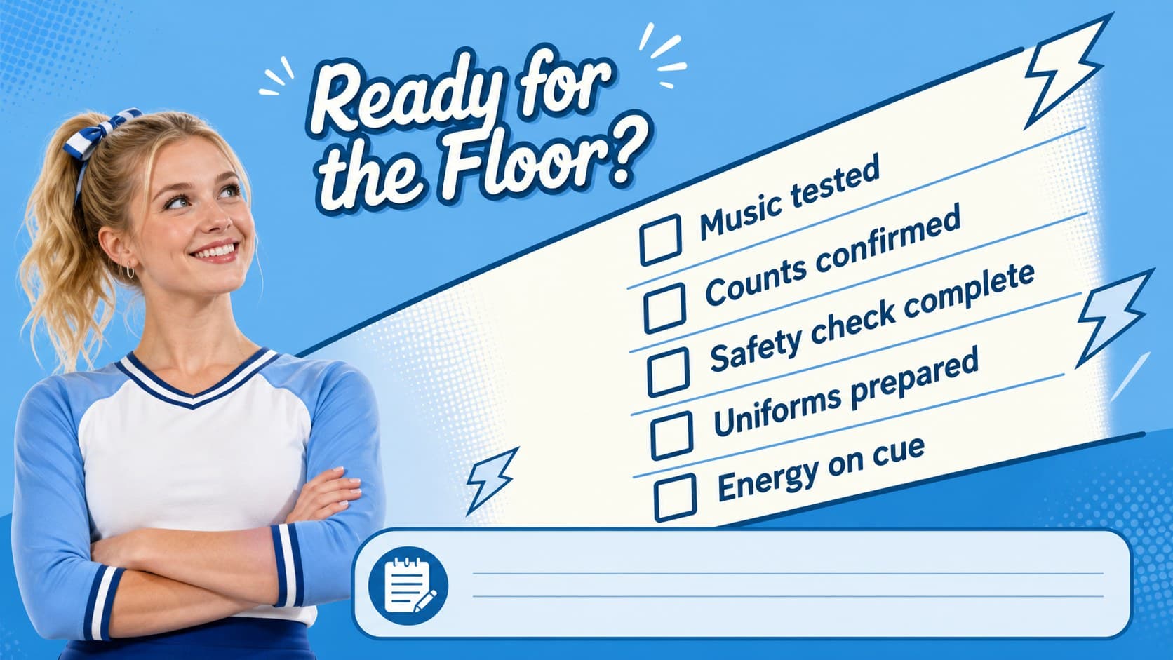 Performance checklist slide for reviewing cheerleading readiness before an event.