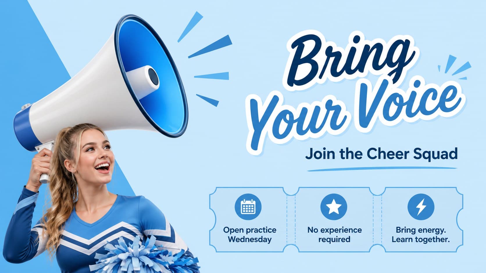 Recruitment slide inviting students to join a school cheer squad with bold blue typography.