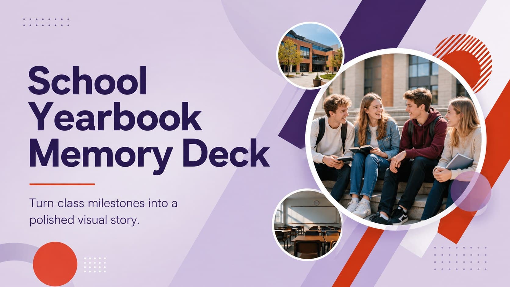 Cover of a school yearbook memory deck with bold purple and red geometric accents.
