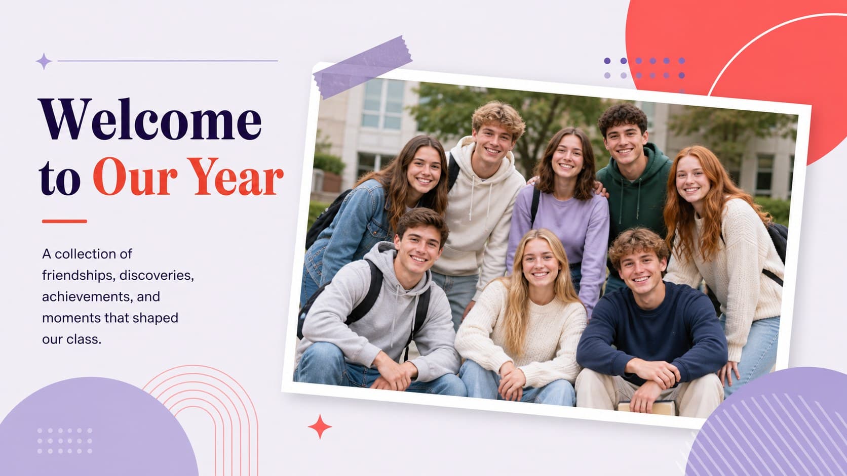 Welcome page from a purple and red school memories presentation featuring a class photograph.