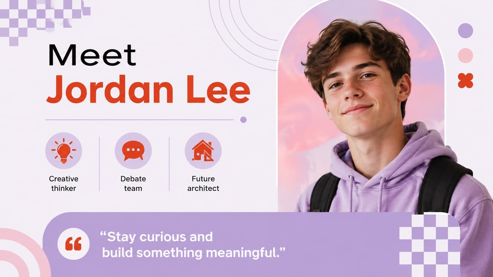 Student profile layout for an editable school yearbook with portrait and personal highlights.