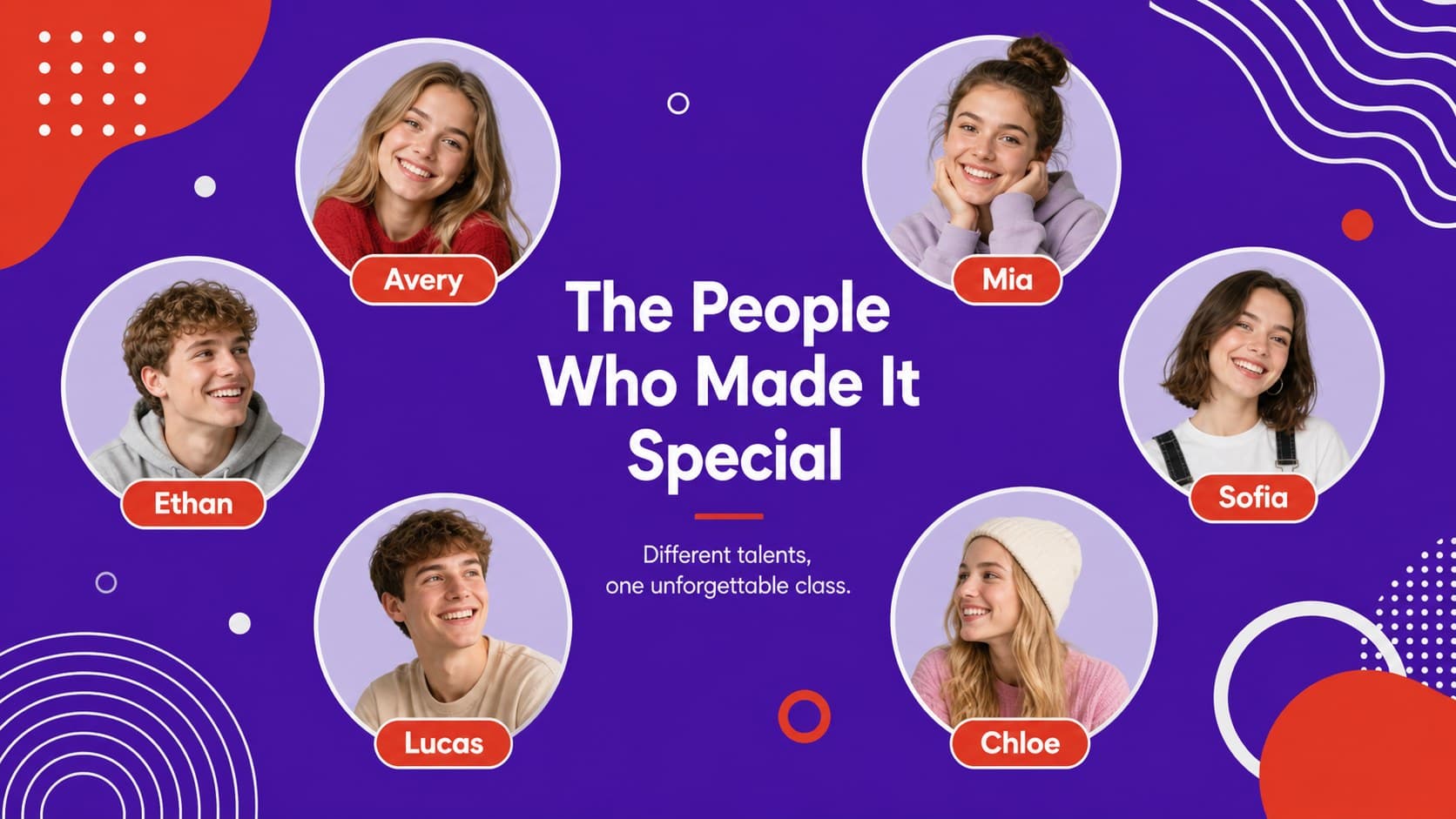 Class roster page in a modern yearbook deck with original student portrait placeholders.