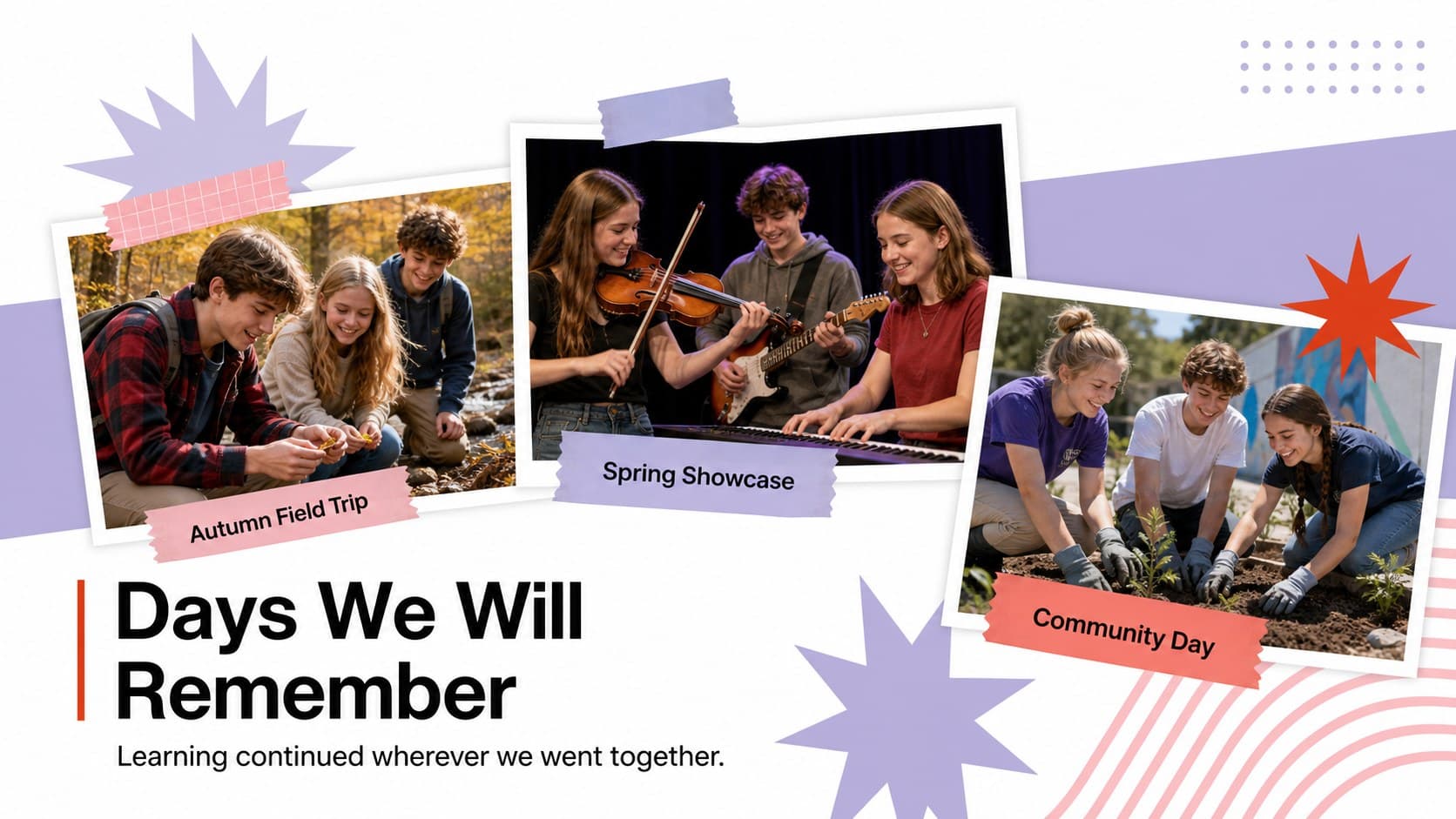 School events photo collage slide highlighting field trips, performances, and community days.