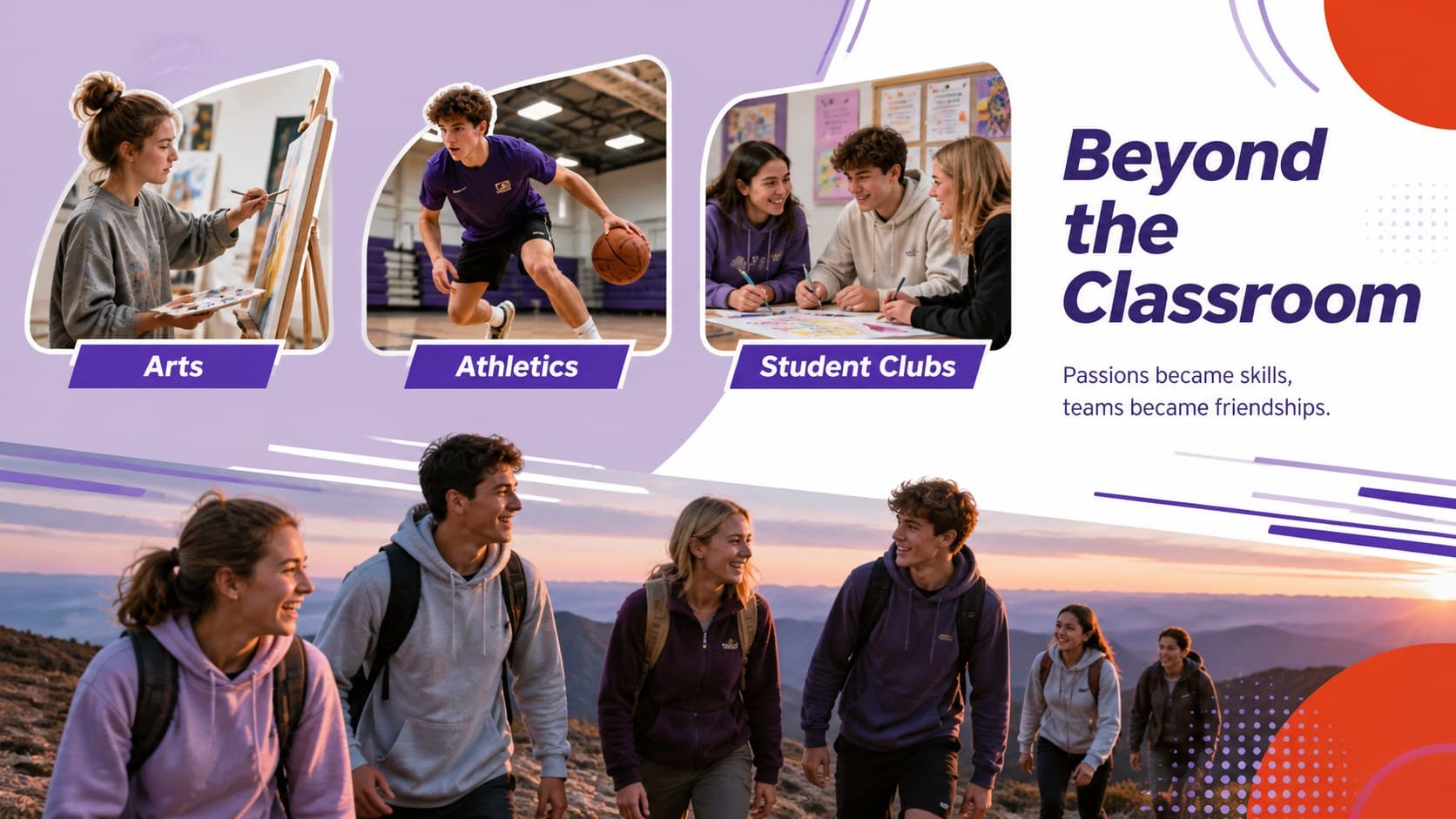 Clubs and sports yearbook slide with action photography and purple-red geometric styling.