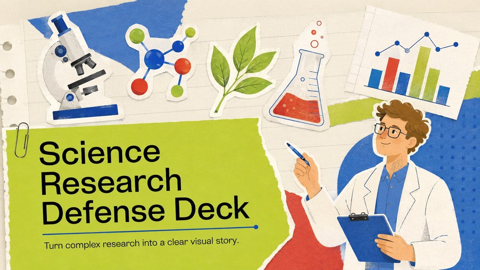 Cover of a colorful science research defense deck with paper collage textures and original laboratory illustrations.