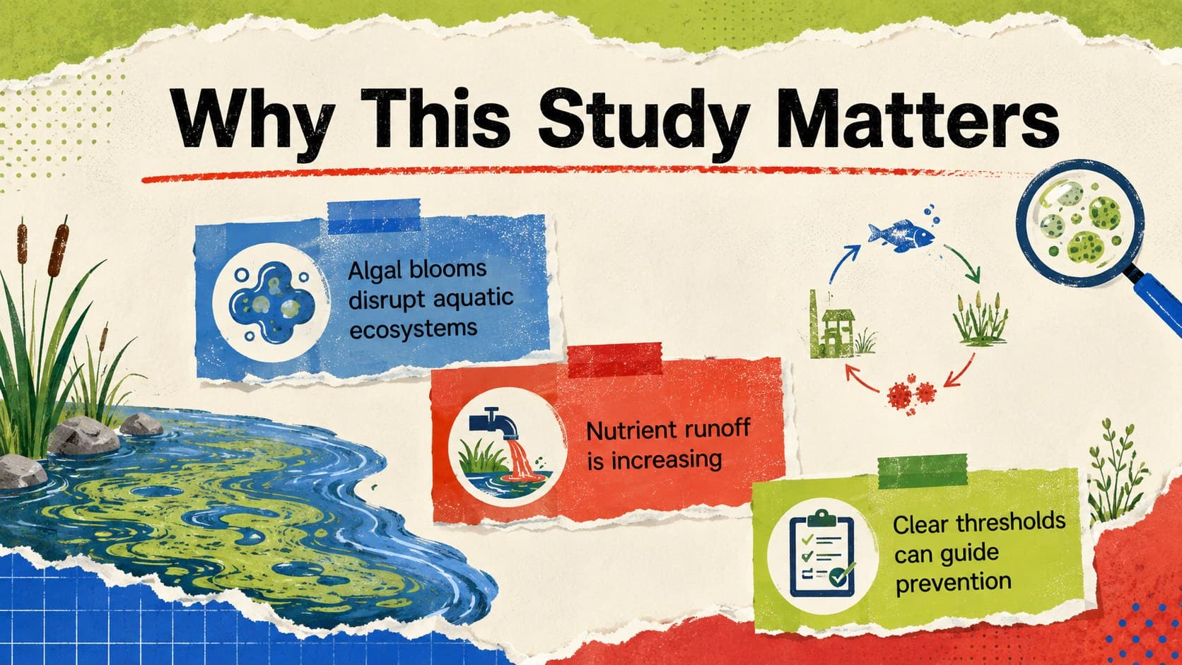 Science thesis background slide explaining freshwater ecosystem research with a bright paper collage layout.