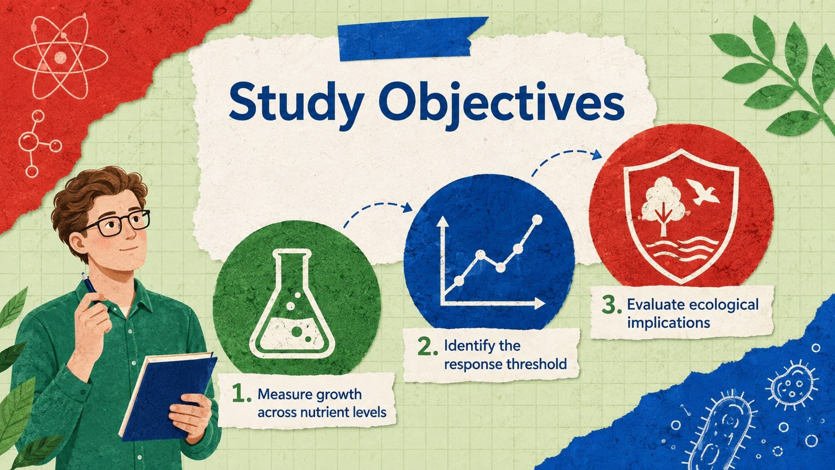 Research objectives slide for a graduate science defense template with three illustrated study goals.
