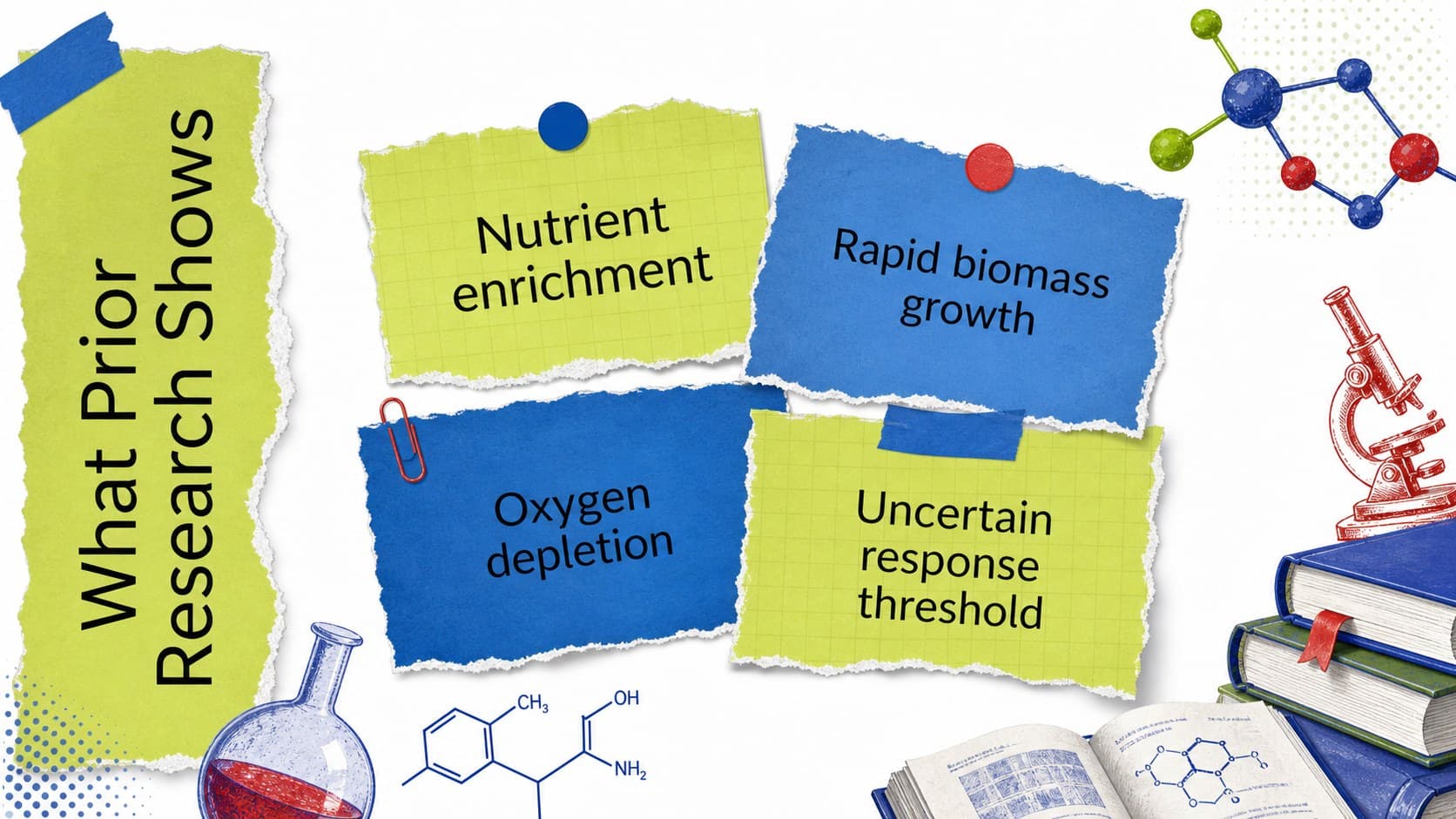 Literature review slide in a colorful scientific dissertation defense with paper notes and research themes.