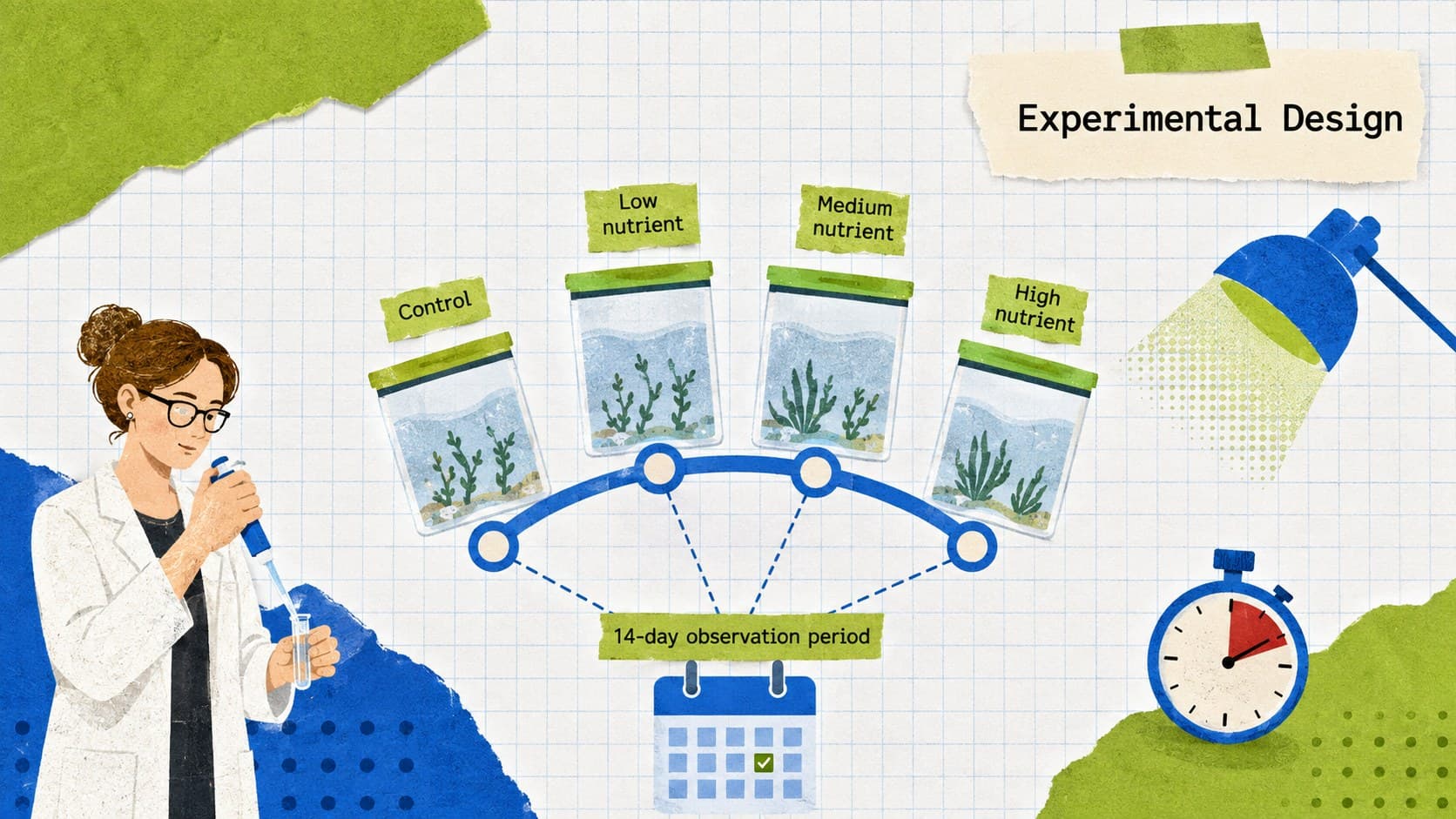 Experimental methodology slide showing control and treatment groups in a paper collage science deck.