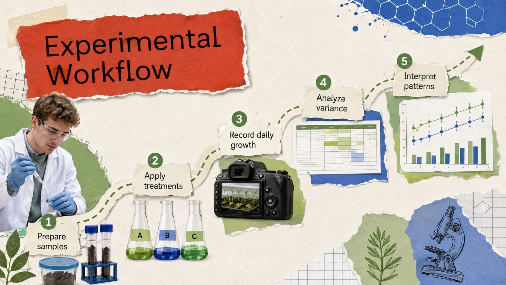 Experimental workflow slide with five colorful stages for collecting and analyzing scientific data.
