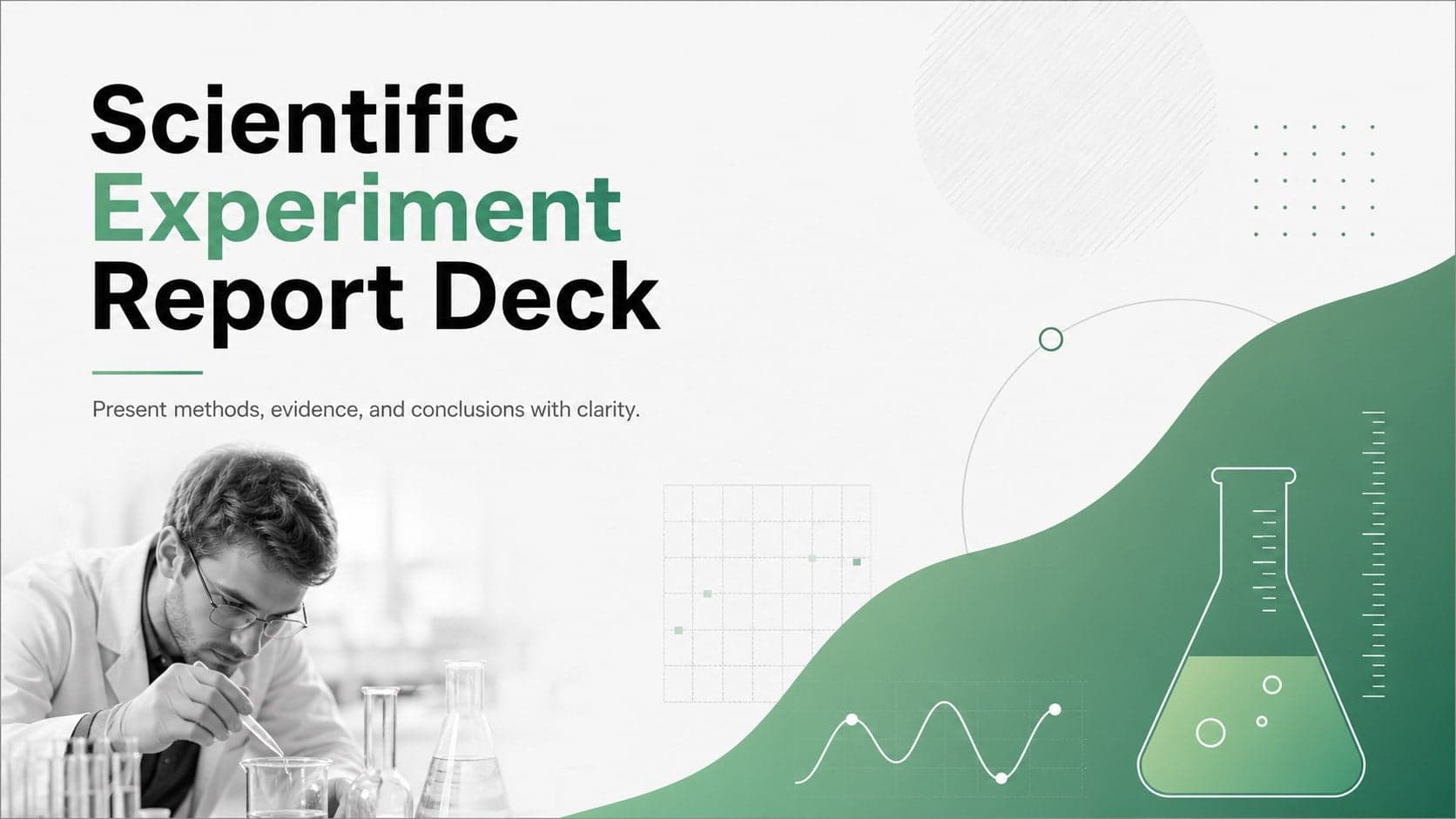 Scientific experiment report deck cover with a modern green gradient, structured title area, and minimal laboratory graphics.