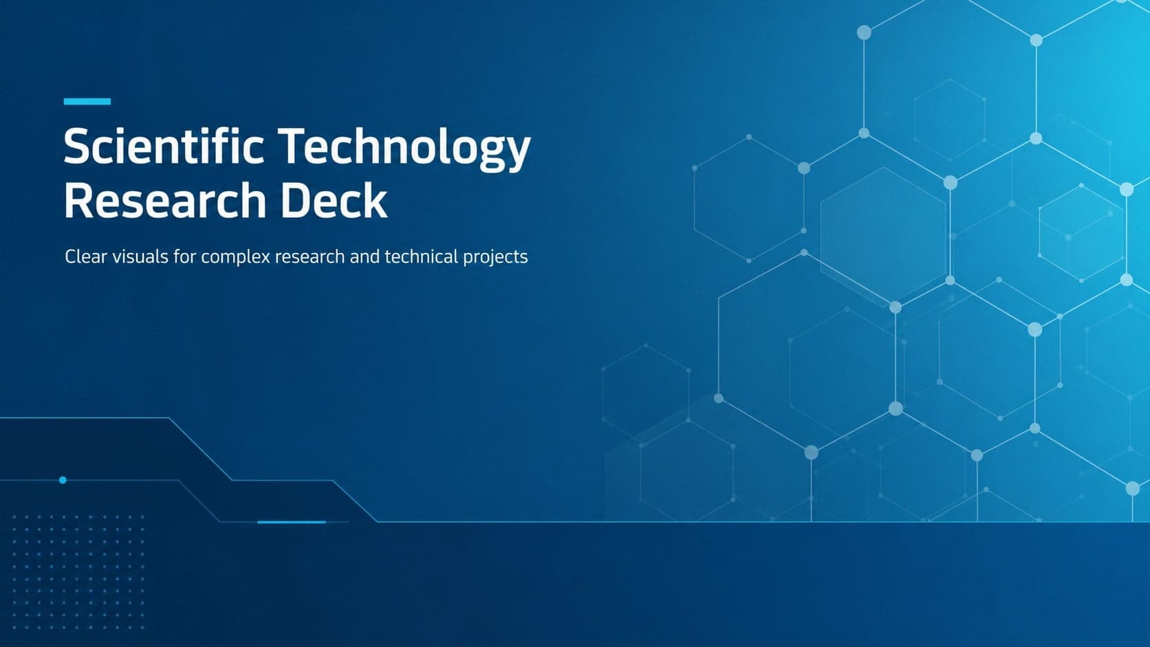 Cover slide for a scientific technology research deck with blue hexagon graphics and a bold white title.