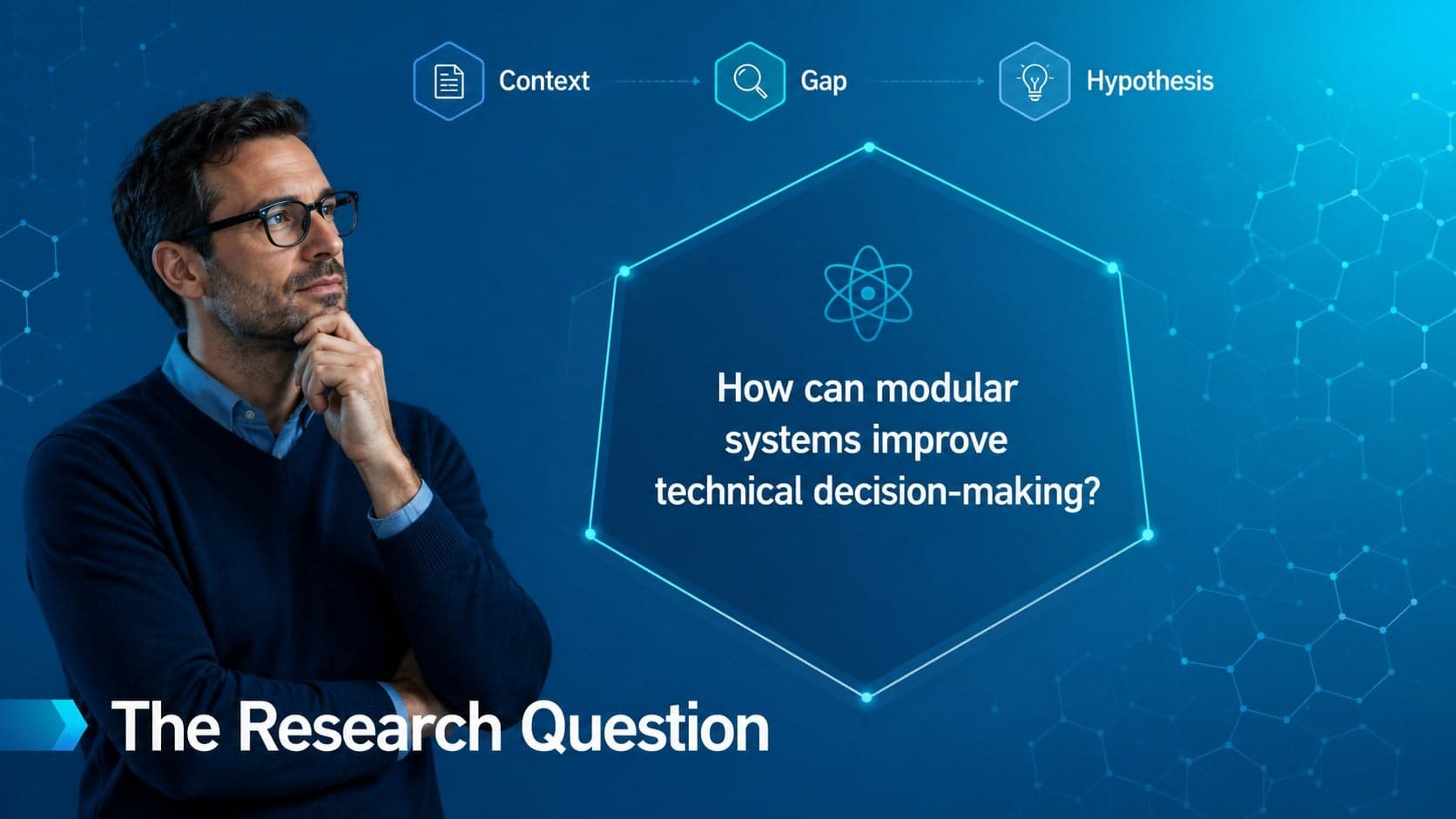 Research question slide presenting a central hypothesis inside a modular hexagon framework.