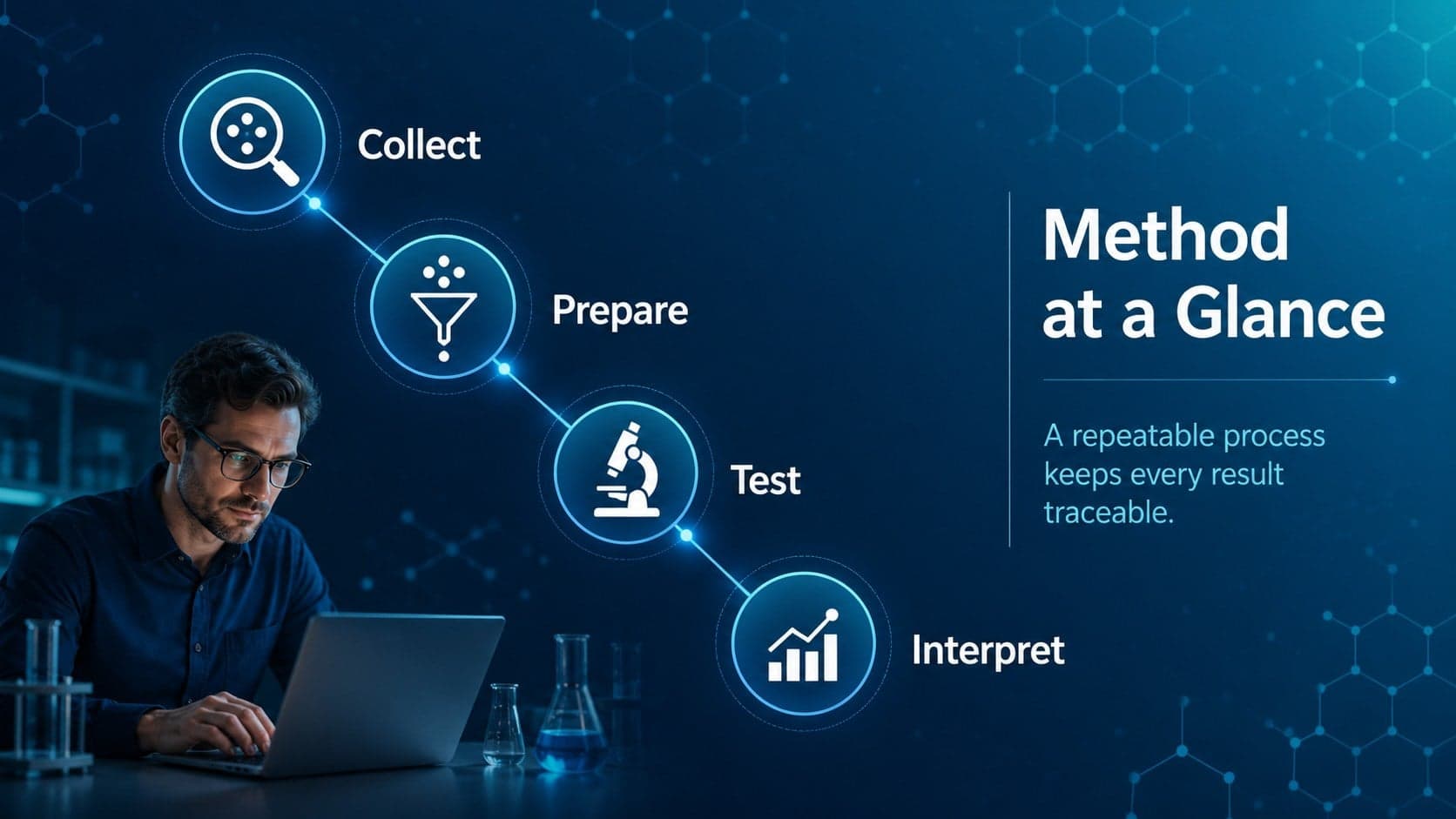 Method slide mapping a technical workflow from inputs to analysis with geometric blue connectors.