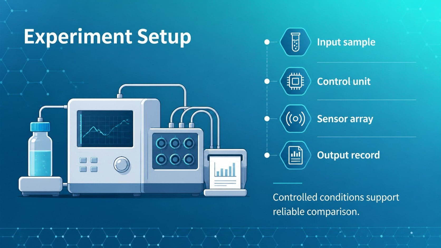 Experiment setup slide with equipment labels and a clean blue technical diagram.