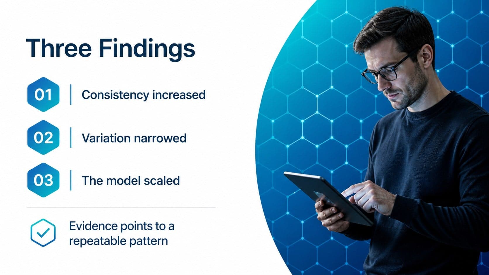 Key findings slide summarizing three scientific insights with white text and blue geometric framing.